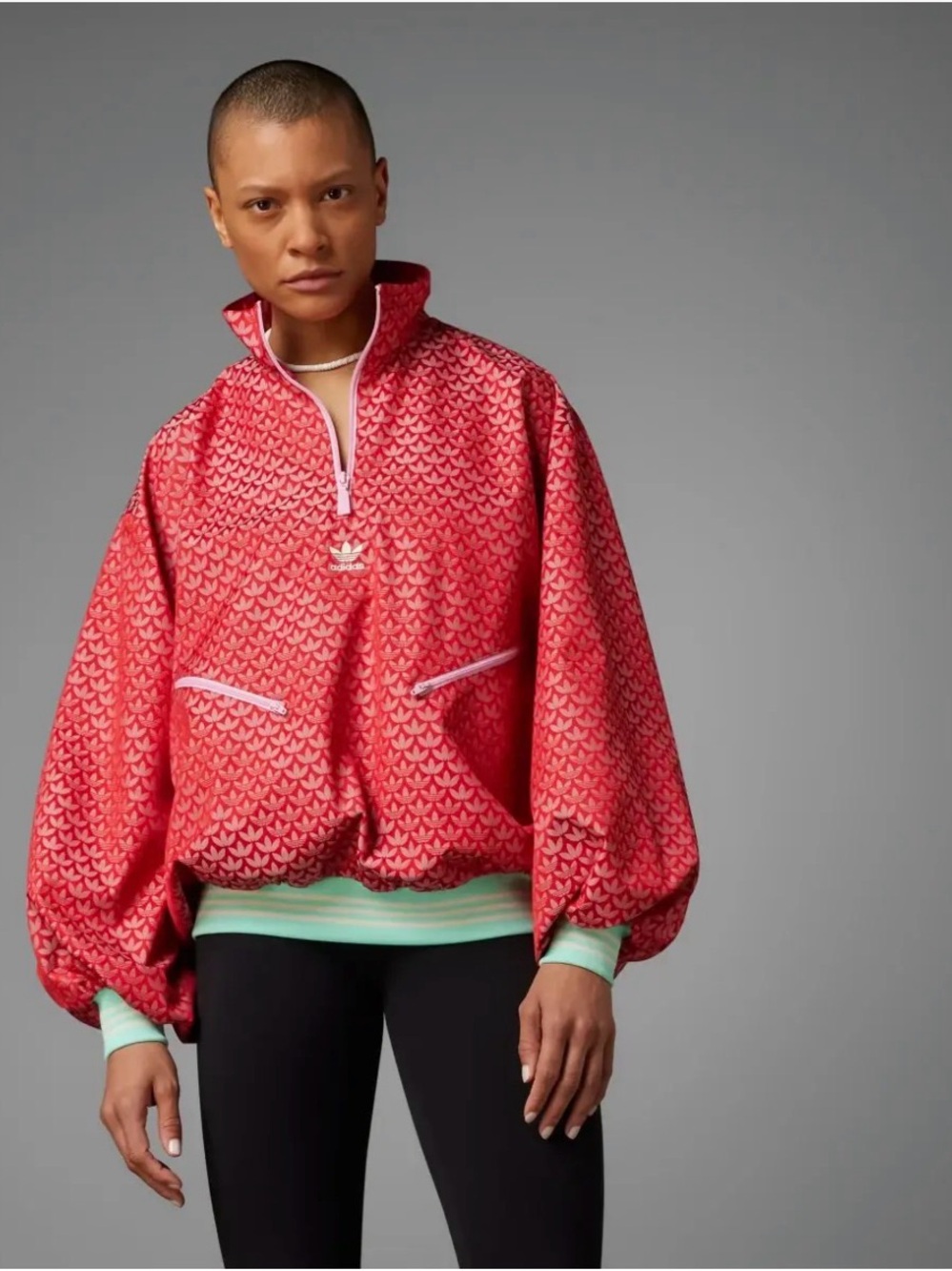 🌹Adidas Oversized Half-Zip 70’s Red Mint Pink Windbreaker Jacket Shirt Coat L
